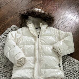 White winter coat with faux fur hood